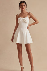 Bowed Satin Spaghetti Straps A Line Mini White Dress