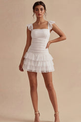 Tiered Square Neck Ruched Ruffled Mini White Dress