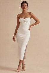 Strapless Bodycon Midi White Dress with Slit