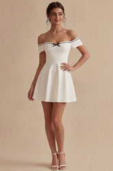Off the Shoulder A Line Bowed Mini White Dress