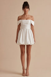 Off the Shoulder A Line Ruched Mini White Dress
