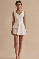 Satin A Line V Neck Mini White Dress