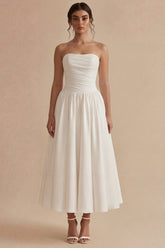 Strapless Satin A Line Pleated Midi White Dress