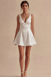 A Line Satin V Neck Mini White Dress