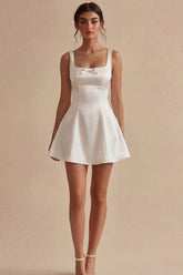 Spaghetti Straps A Line Satin Mini White Dress with Bow