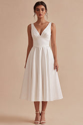 Satin V Neck A Line Midi White Dress