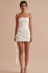 Strapless Bodycon Mini White Dress with Ruffles