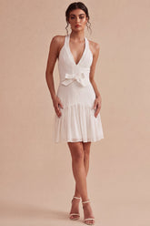 Halter A Line Pleated Mini White Dress with Bow