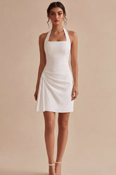 Halter Ruched Bodycon Mini White Dress