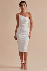 Glitter One Shoulder Bodycon Midi White Dress