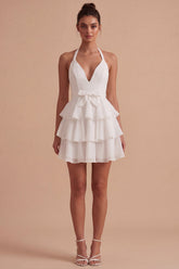 Halter Tiered A Line Bowed Mini White Dress