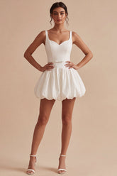 Spaghetti Straps A Line Pleated Mini White Dress with Belt
