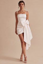 Satin Ruched Bodycon Mini White Dress with Bow