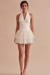 Halter Tiered Tulle Mini White Dress