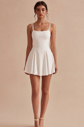 A Line Pleated Satin Mini White Dress