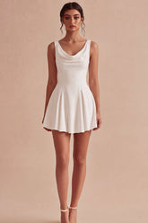 Cowl Neck A Line Pleated Satin Mini White Dress