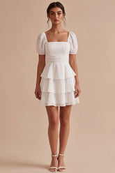 Tiered Square Neck Short Sleeve Mini White Dress