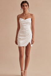 Strapless Ruched Satin Mini White Dress with Slit