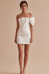 One Shoulder Bowed Satin Bodycon Mini White Dress