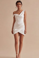 Asymmetrical Neck Ruched Satin Bodycon Mini White Dress