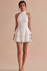 Halter Sequin Tiered A Line Mini White Dress
