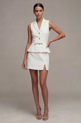 Notched Lapel White 2 Piece Work Dress with Belt