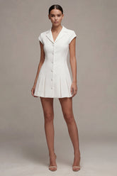 Notched Lapel A Line Pleated White Mini Work Dress