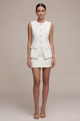 Round Neck White 2 Piece Bodycon Work Dress with Pearls
