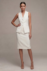 Ivory Notched Lapel 2 Piece Bodycon Midi Work Dress