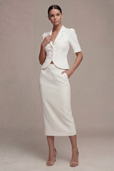 Notched Lapel White 2 Piece Bodycon Midi Work Dress with Short Sleeves