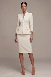 Ivory 2 Piece Single Breasted Bodycon Midi Work Dress with 3/4 Sleeves