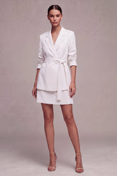 White Notched Lapel 2 Piece A Line Mini Work Dress with Sash