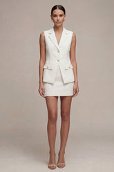 Notched Lapel White 2 Piece Bodycon Pearled Mini Work Dress