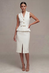 Notched Lapel 2 Piece White Bodycon Work Dress with Belt