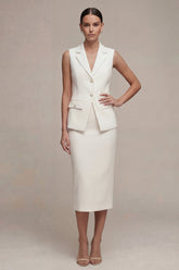 White Pearled Notched Lapel 2 Piece Bodycon Work Dress with Slit