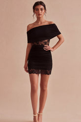 Off the Shoulder Black Lace Ruched Bodycon Mini Dress