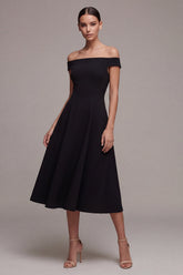 Black Off the Shoulder A Line Midi Dress