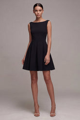 Boat Neck Black A Line Pleated Mini Dress