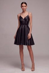 Black Spaghetti Straps A Line Pleated Satin Mini Dress