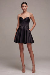 Strapless Black Corset A Line Pleated Satin Mini Dress