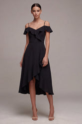 Cold Shoulder Black Ruffled A Line High Low Midi Dress