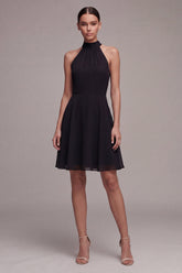 Halter Ruched Black A Line Mini Dress