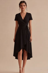 High Low Black A Line V Neck Midi Dress with Short Sleeves