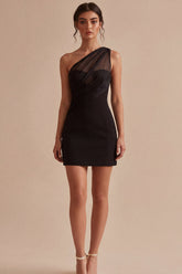 One Shoulder Ruched Black Bodycon Mini Dress
