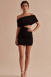 Off the Shoulder Ruched Black Cut Out Bodycon Mini Dress