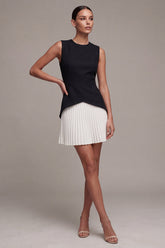 Black and White A Line Pleated Round Neck Mini Dress