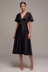 Black A Line Satin Short Sleeve Midi Dress