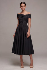 Off the Shoulder Ruched Black A Line Pleated Satin Midi Formal Dress
