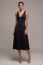 Black Satin A Line V Neck Midi Formal Dress