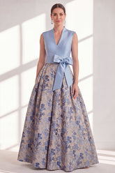 Blue Floral A Line Pleated Maxi Mother of the Bride Dress with Bow
